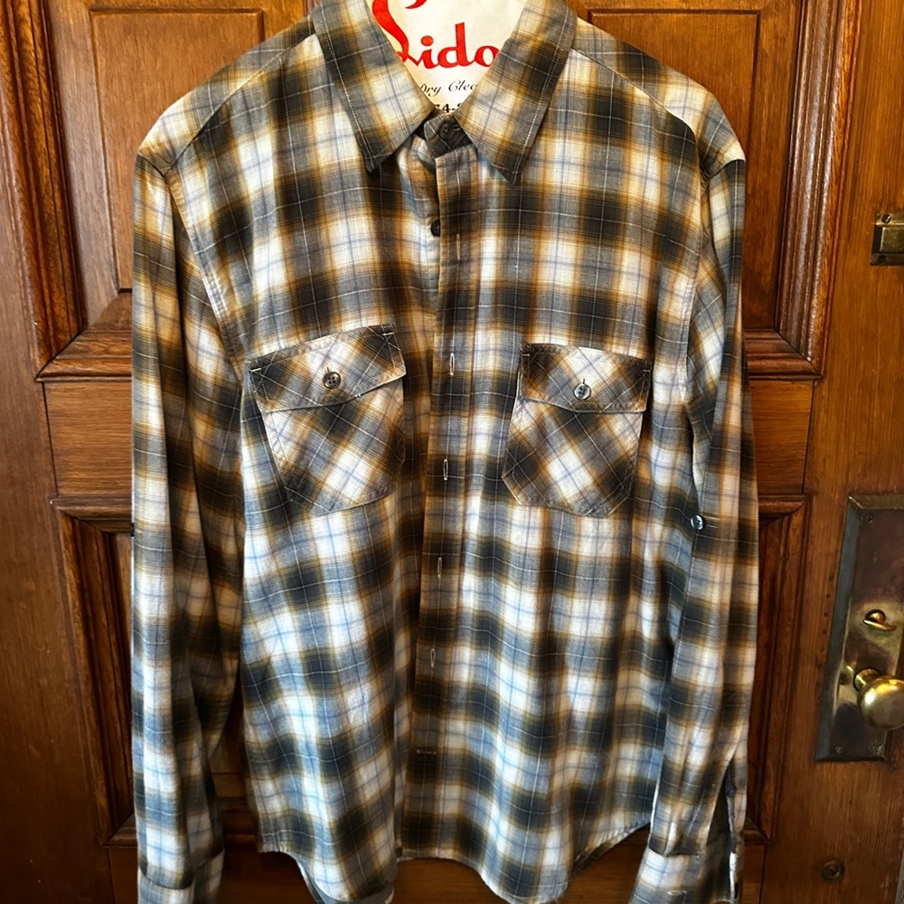 VINCE Men's Plaid Shirt - green and Brown
